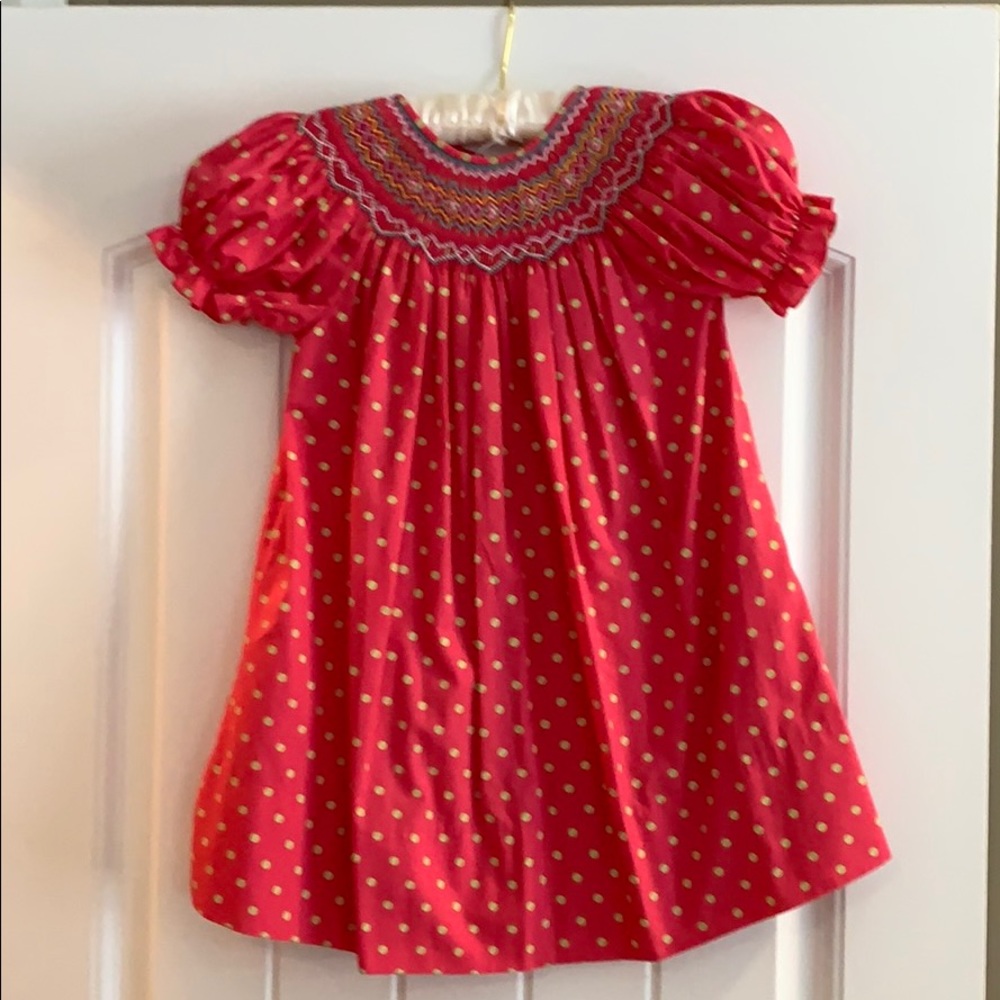 Pink and lime green polka dot smocked dress